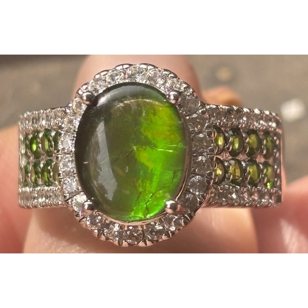 Chrome Diopside And  Ammolite Ring Sterling Silver Sz 10.25